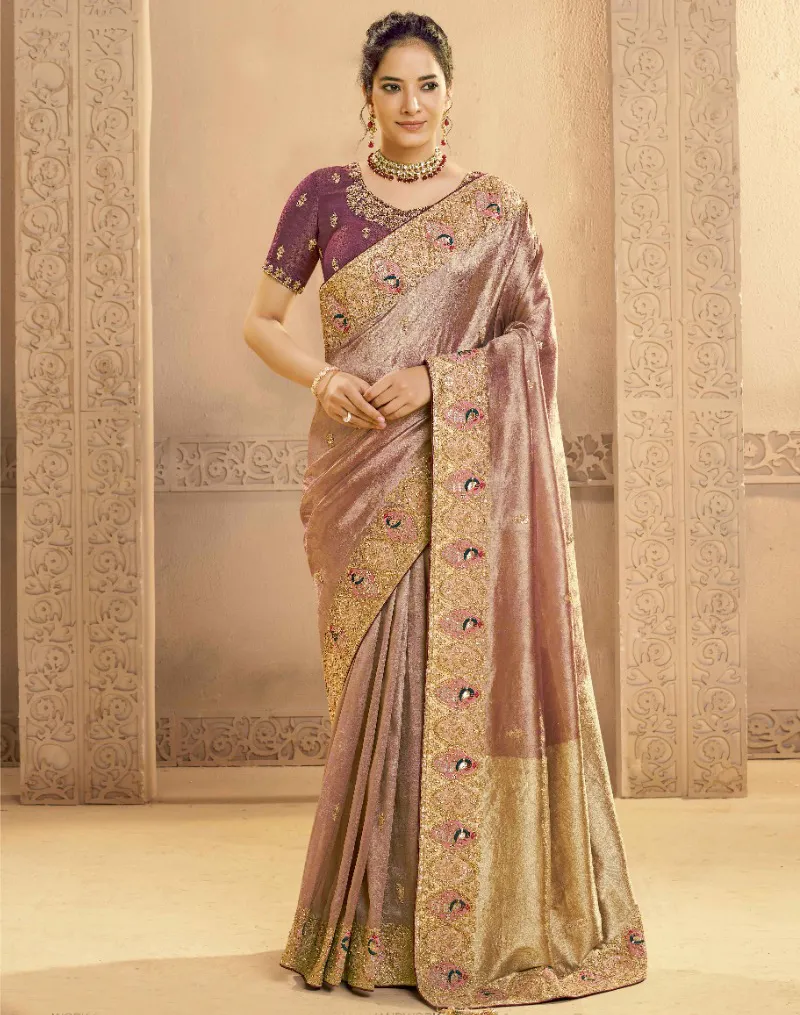 Rich Brown Metallic Zari Tissue Silk Cutdana Handwork Saree
