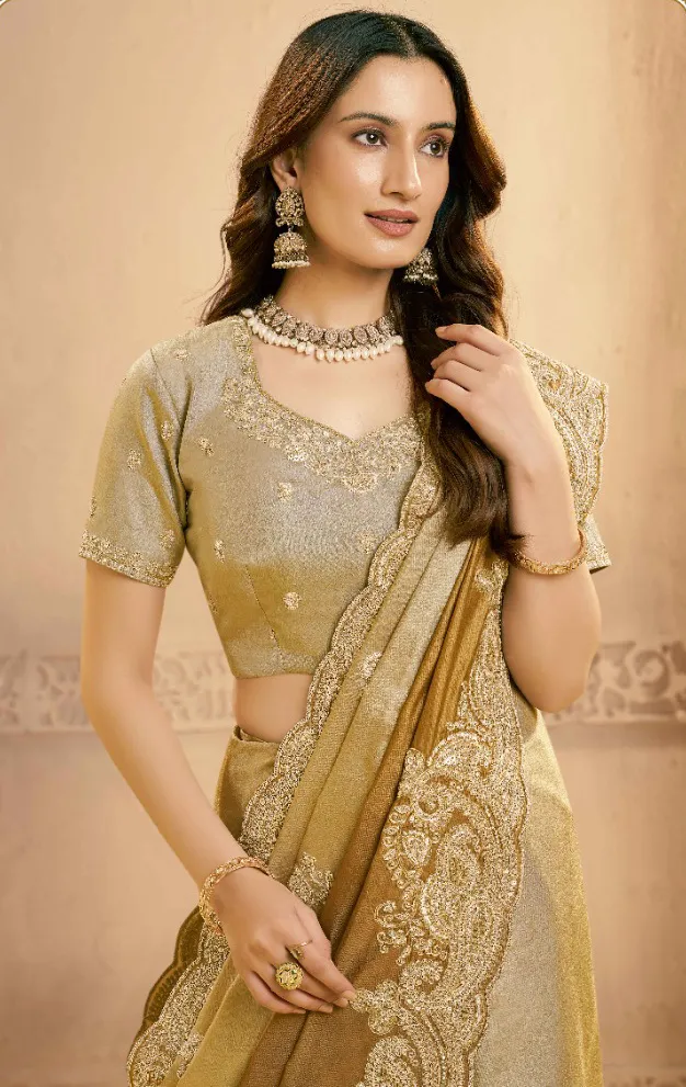 Beige And Brown Kora Zari Silk Sequins Work Designer Saree - Image 2