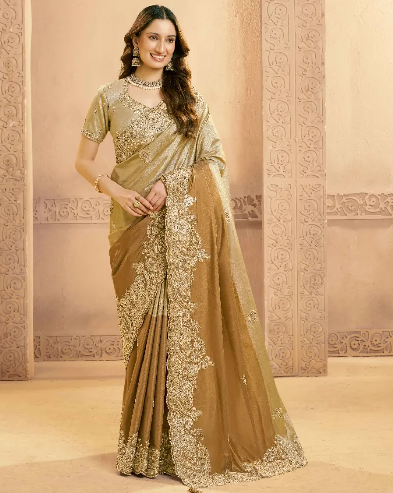 Beige And Brown Kora Zari Silk Sequins Work Designer Saree