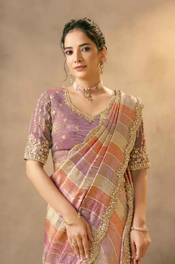 Multicolor Banarasi Tissue Pearls Hand Woven Designer Saree - Image 2