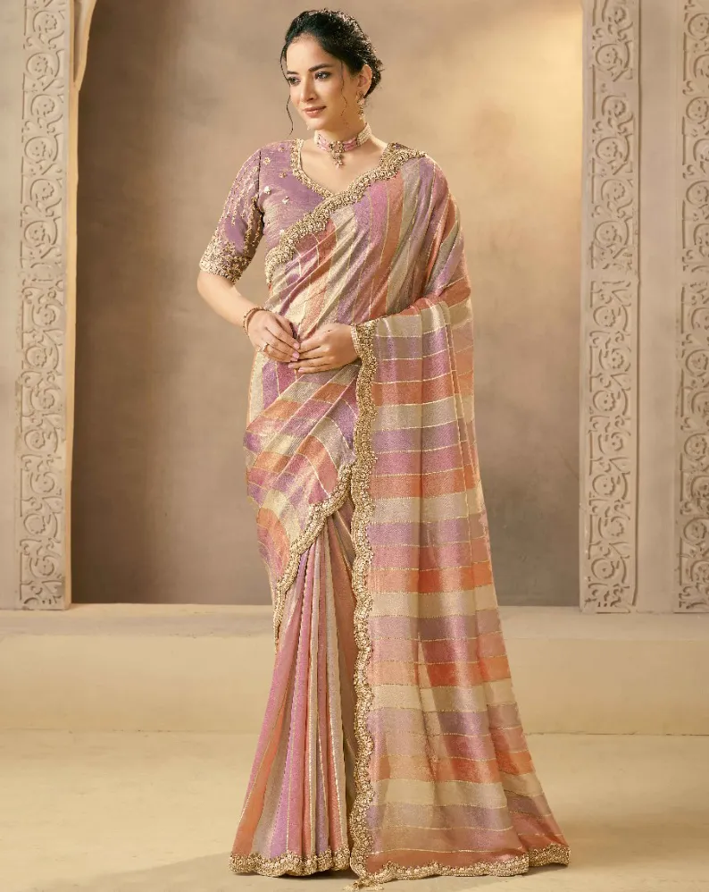 Multicolor Banarasi Tissue Pearls Hand Woven Designer Saree