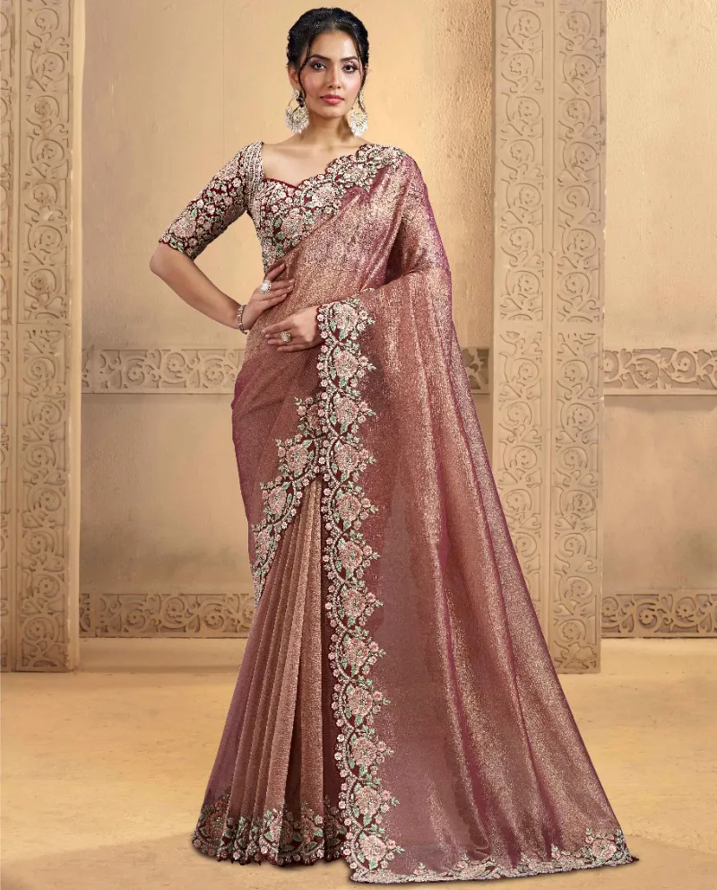 Mauve Pure Banarasi Crush Sequins Pearl Work Designer Saree
