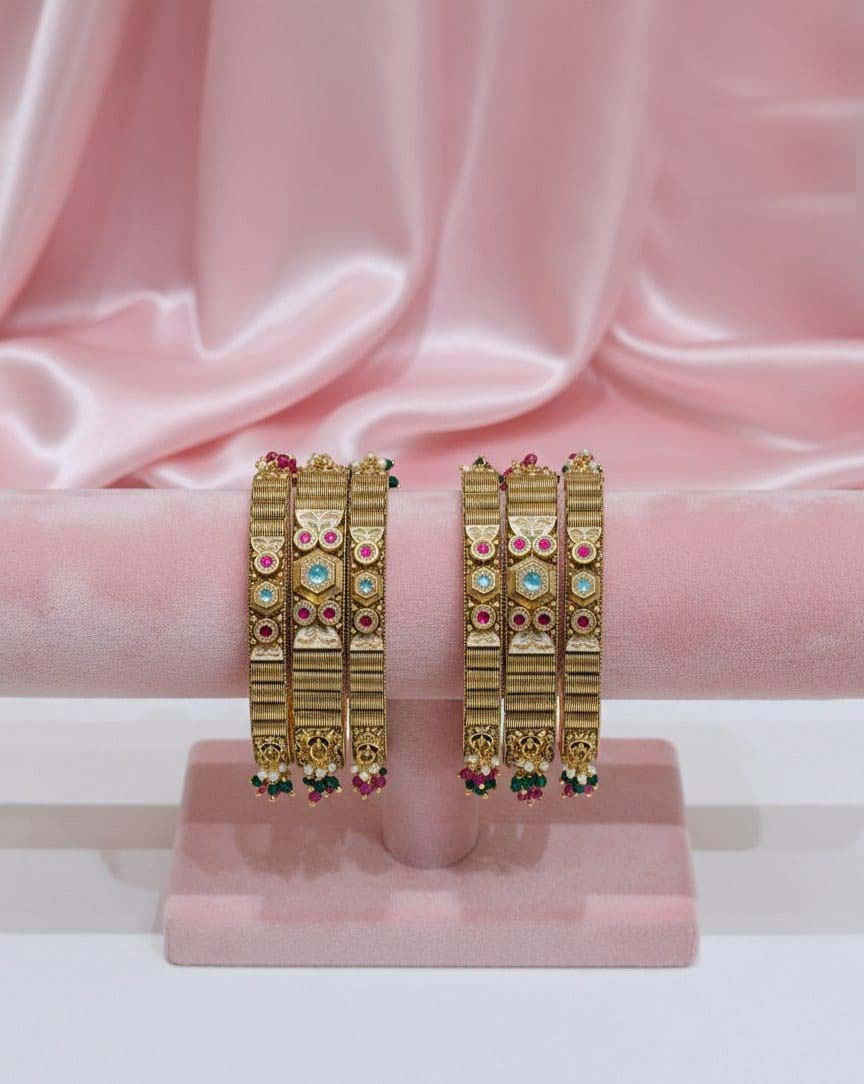 Antique Gold Floral Bangle Set with Ruby & Emerald Accents