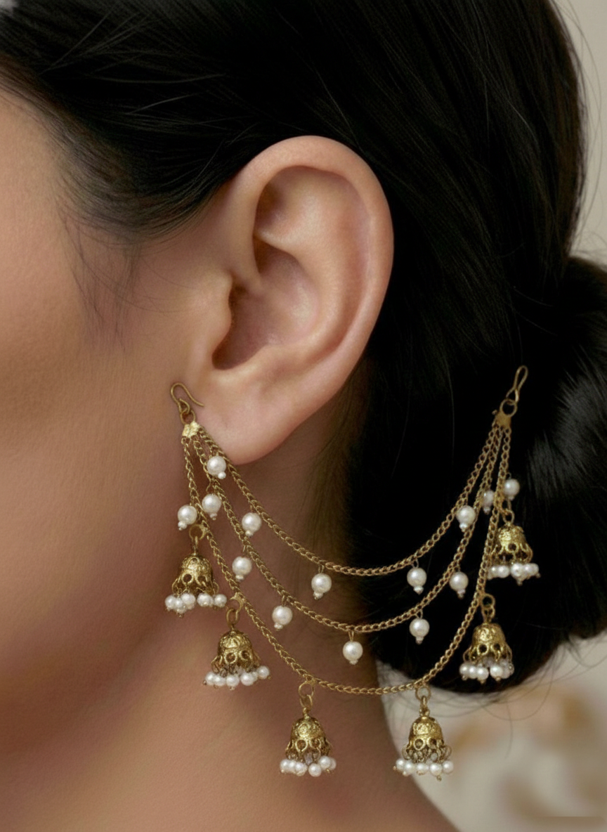 Bridal High Gold Elegant Triple-Layer Pearl Ear Chains