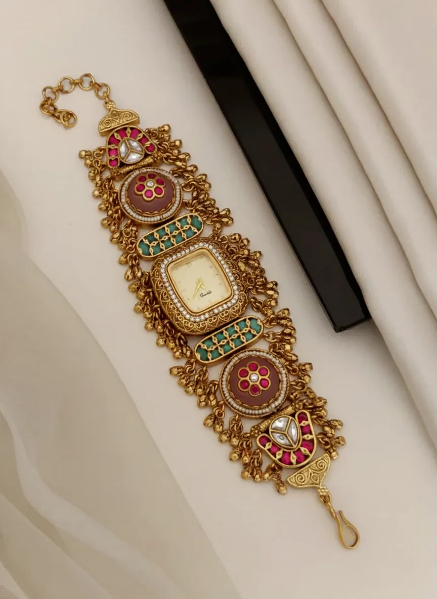Traditional Royal Kundan Gold-Plated Bracelet Watch For Women