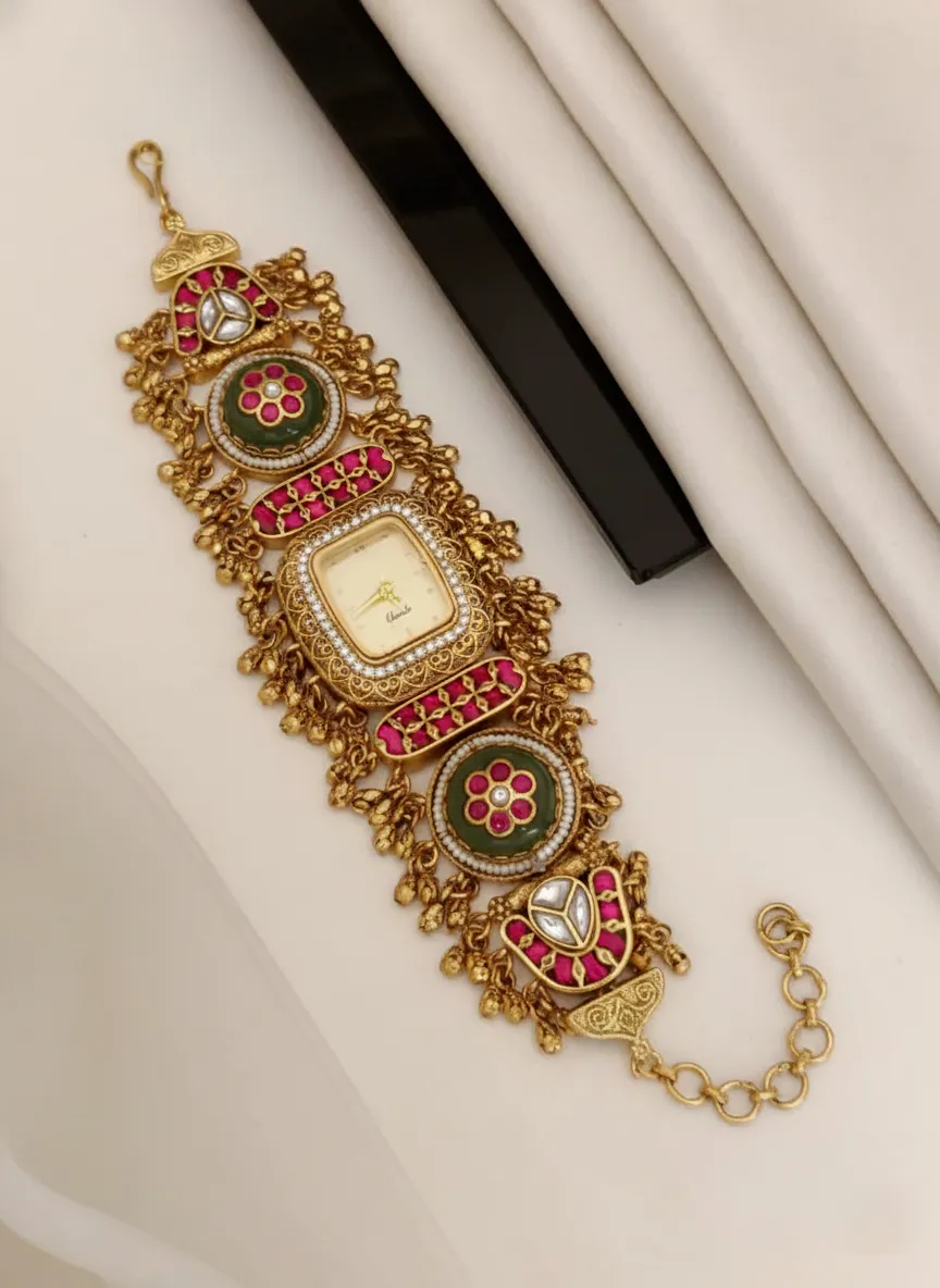 Traditional Kundan Gold-Plated Bracelet Watch For Women