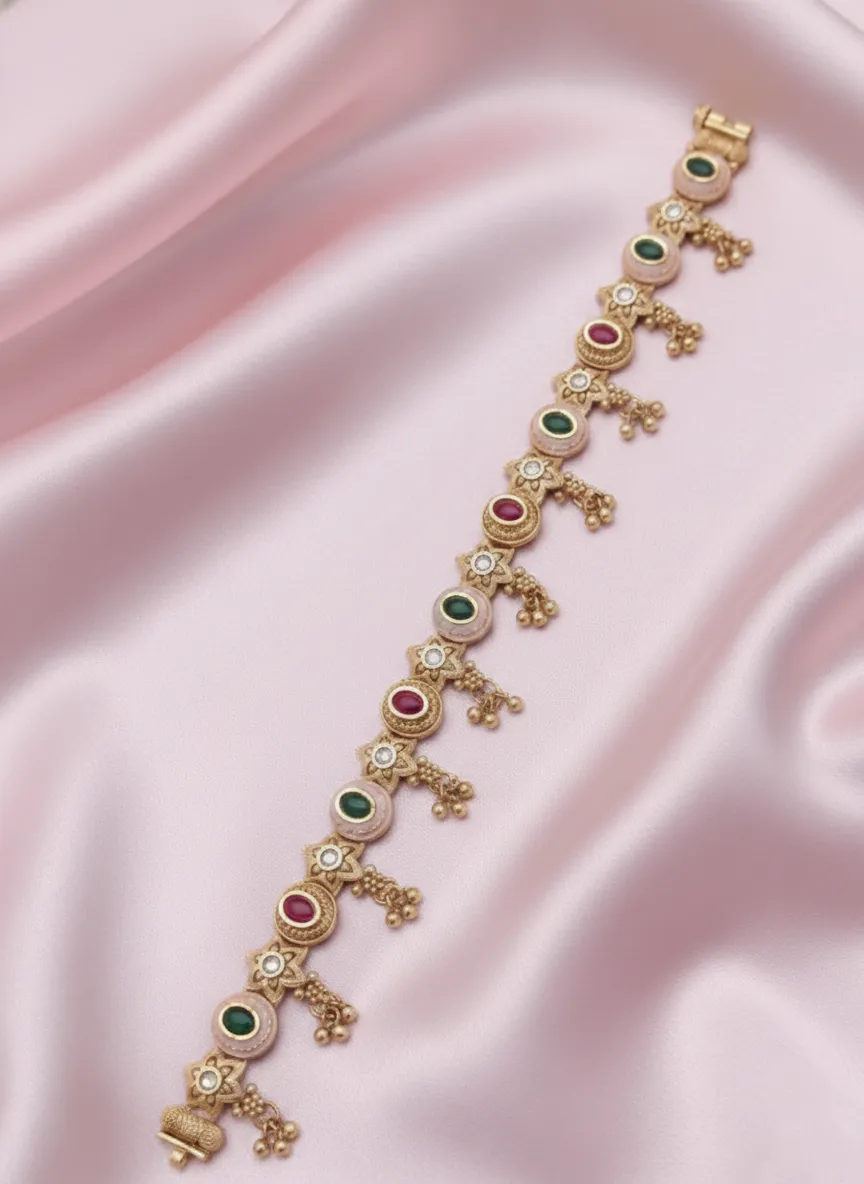 Vintage Floral Diamond Brass Emerald-Tone Bracelet