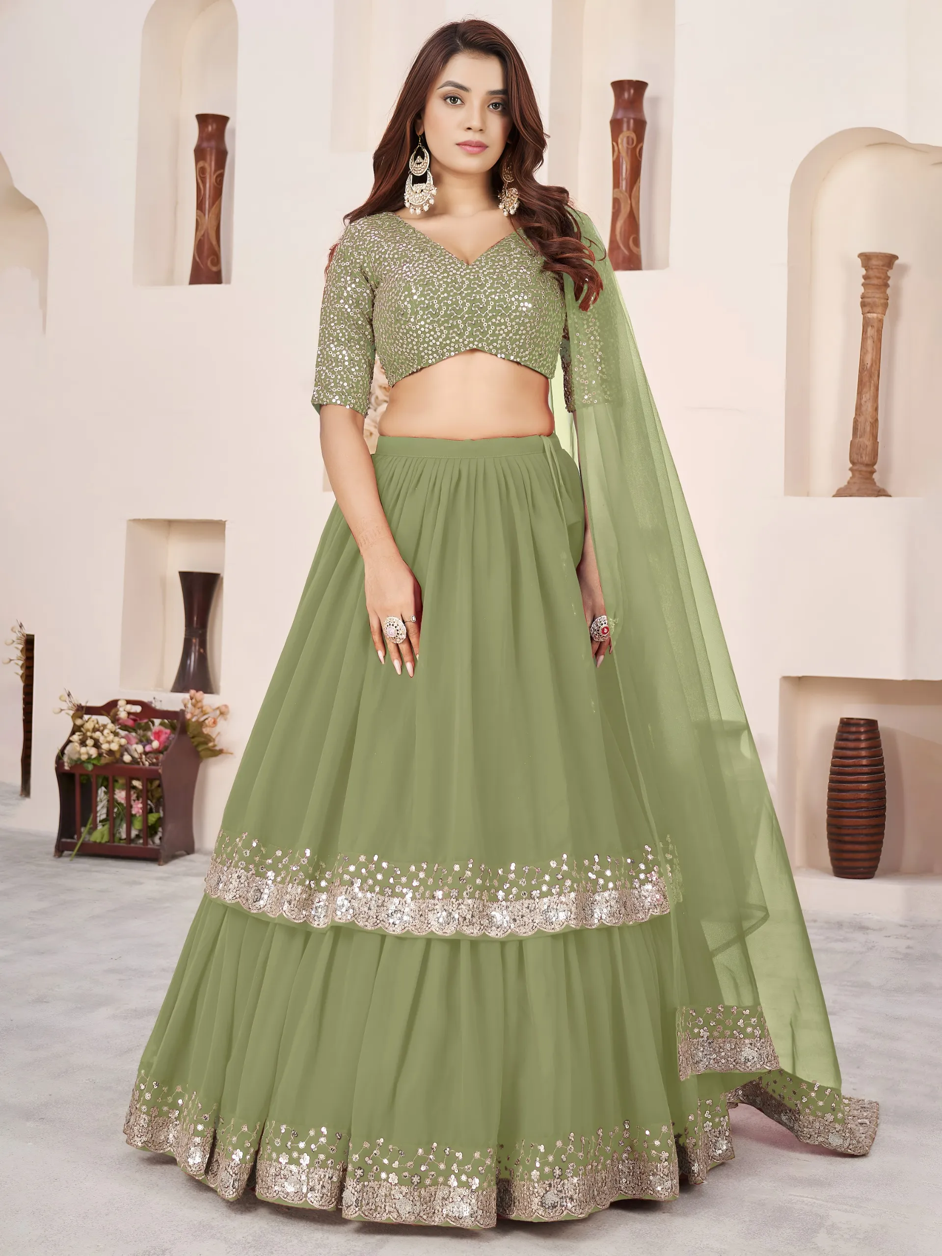 Olive Green Soft Georgette Silver Sequins Work Party Wear Lehenga