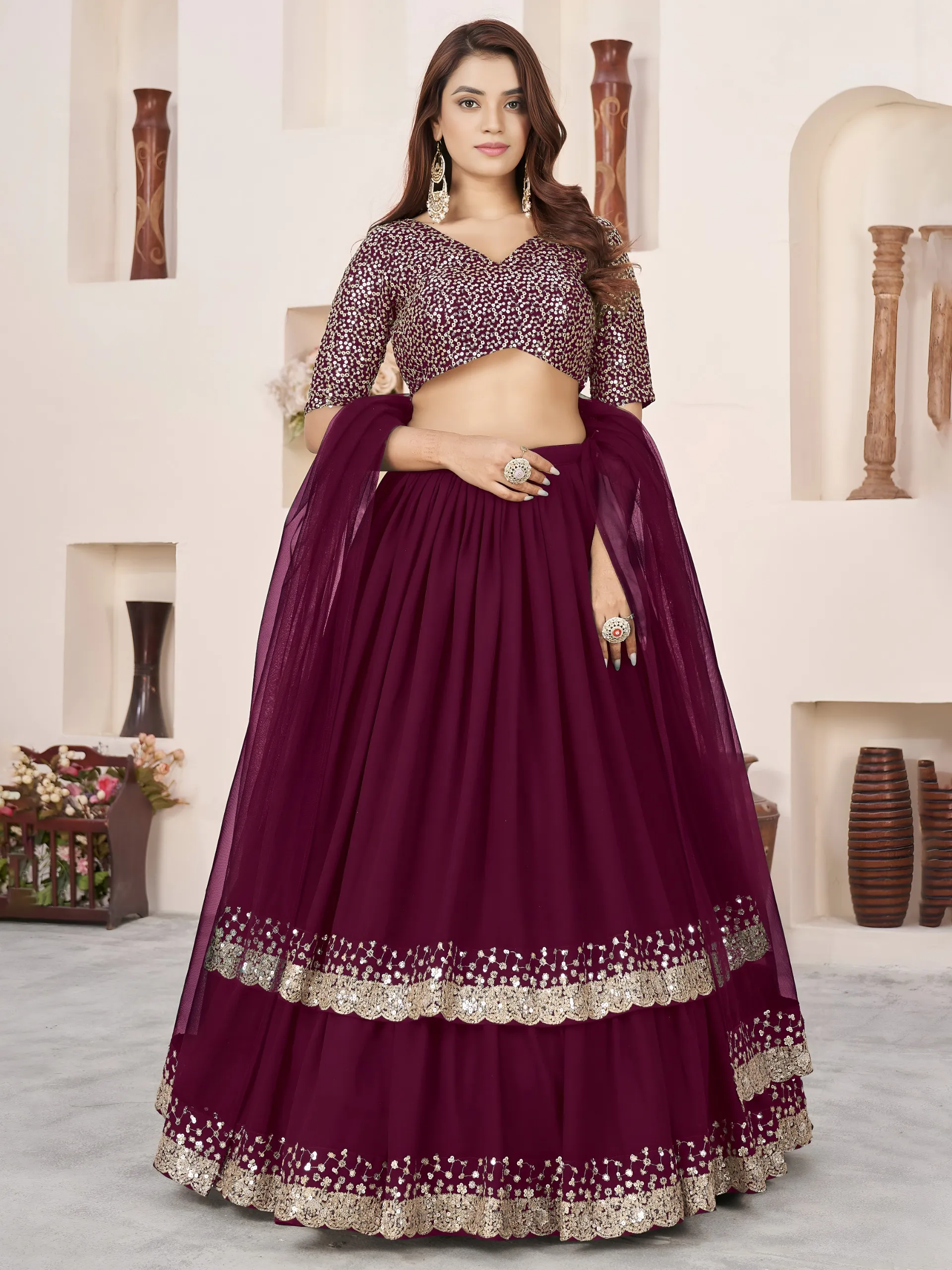 Wine Soft Georgette Silver Sequins Work Party Wear Lehenga