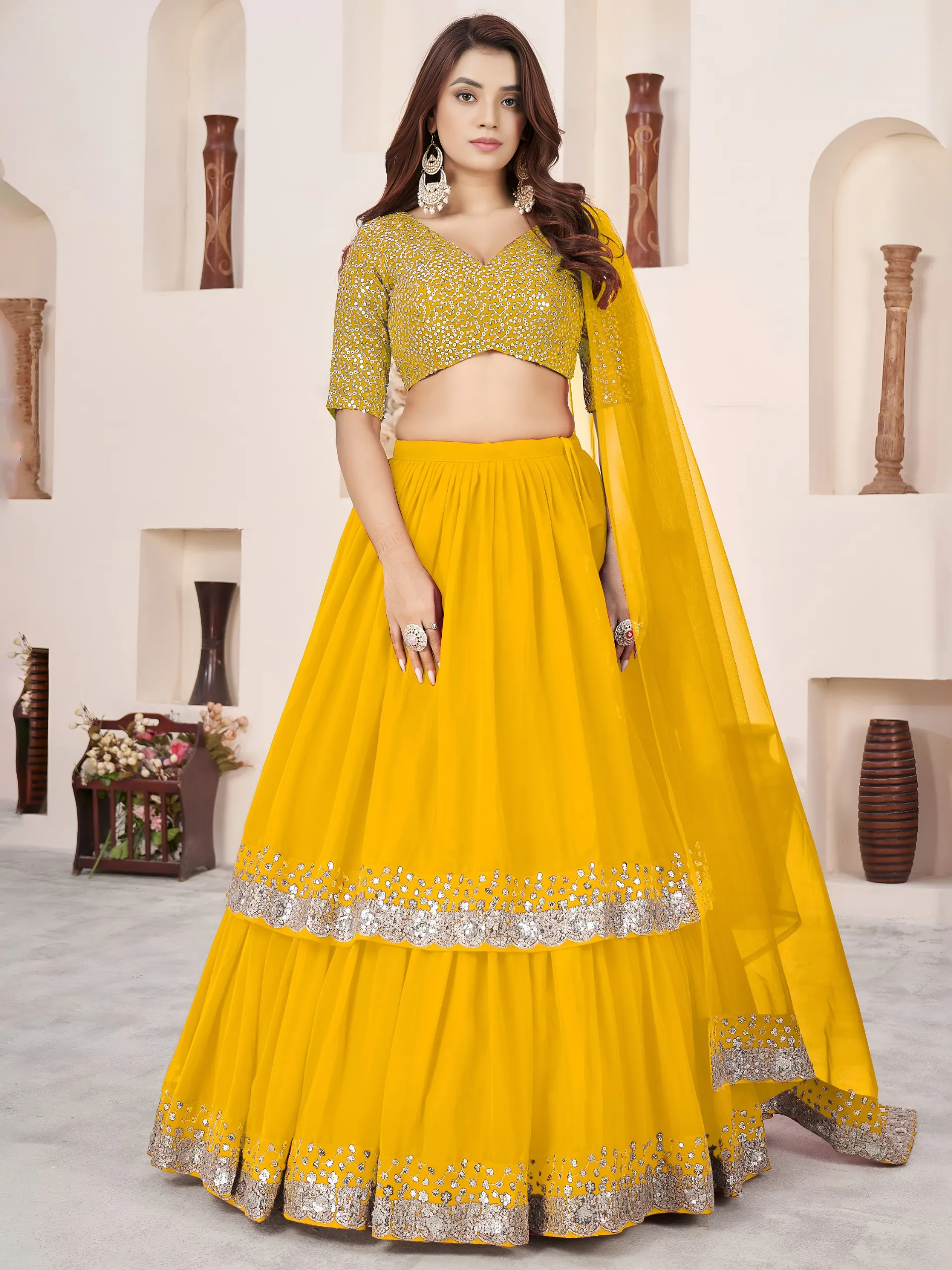 Yellow Soft Georgette Silver Sequins Work Party Wear Lehenga