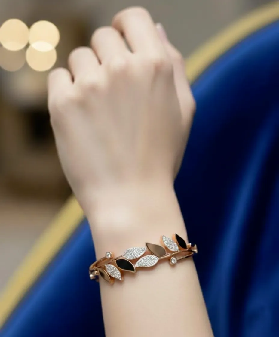 Elegant Botanical Bracelet with Crystal & Black Enamel Accents