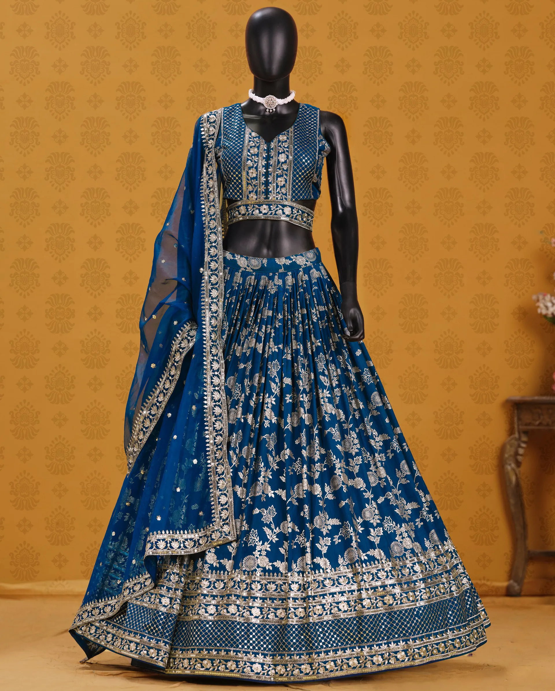 Navy Blue Dola Silk Jacquard Sequins Embroidered Wedding Lehenga