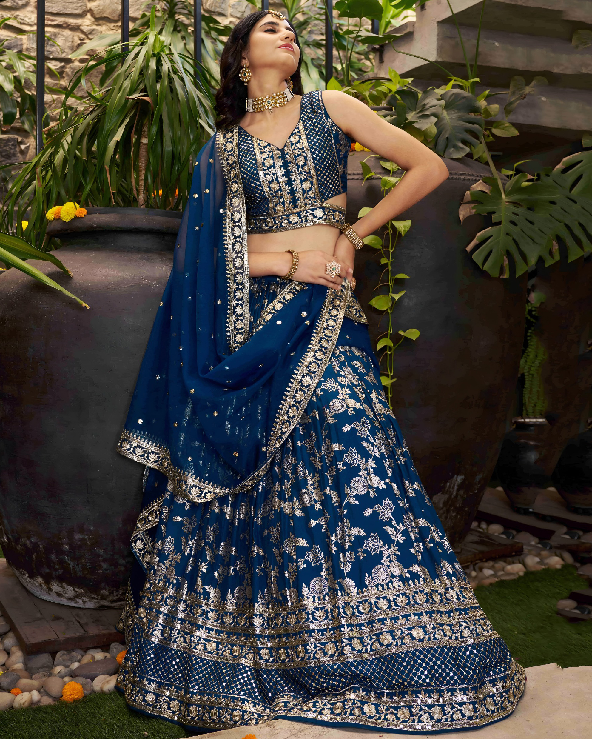 Navy Blue Dola Silk Jacquard Sequins Embroidered Wedding Lehenga