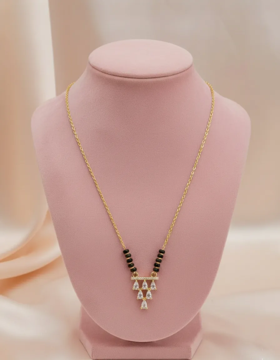 Gold-Finished Thin Chain V-Shaped Crystal Mangalsutra