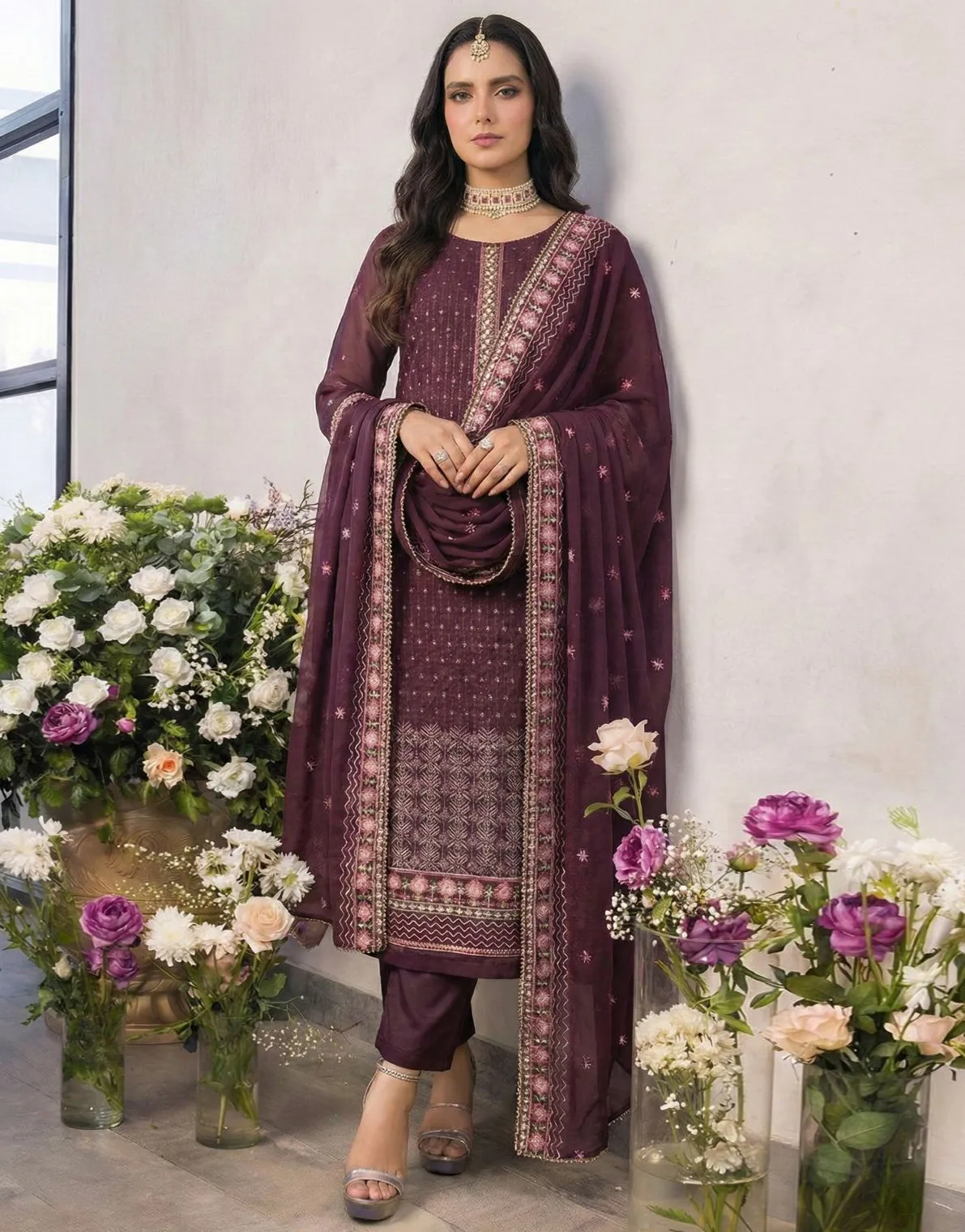 Wine Georgette Embroidered Readymade Salwar Suit