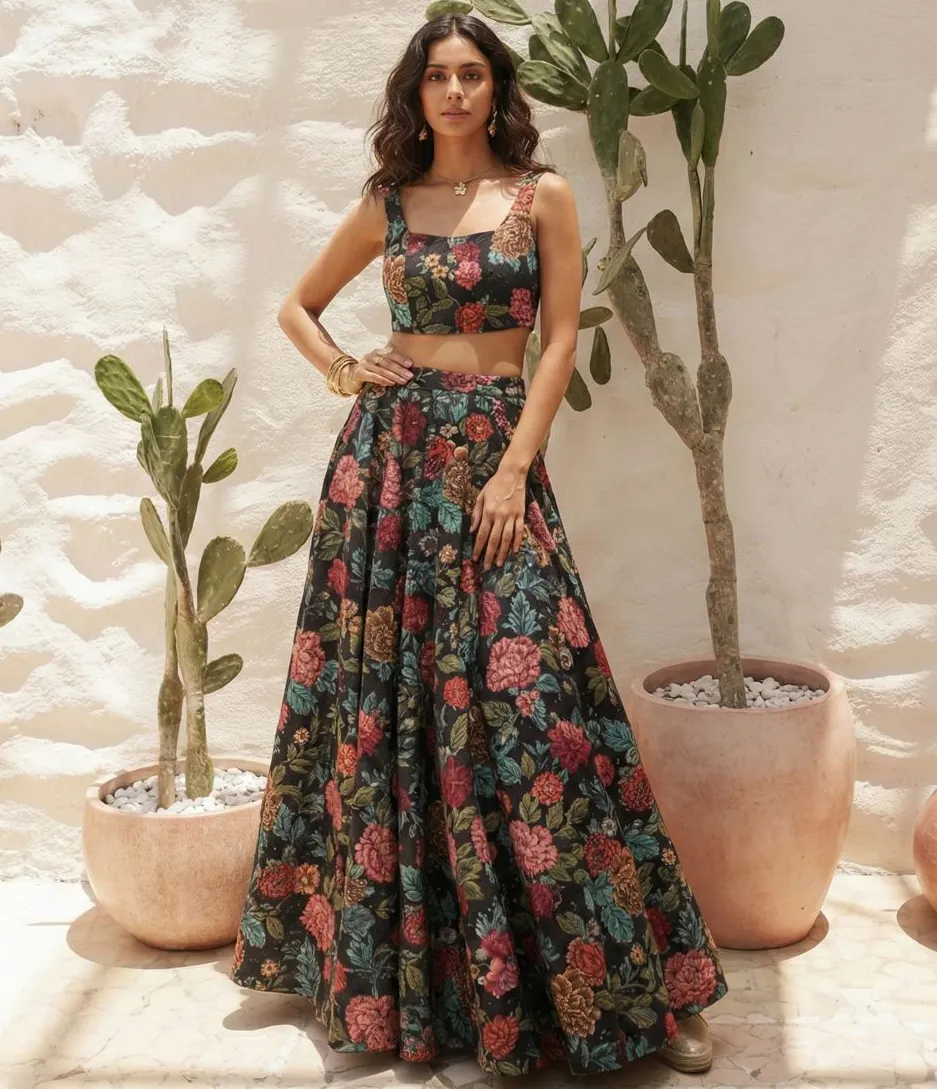 Black Georgette Floral Printed Readymade Lehenga