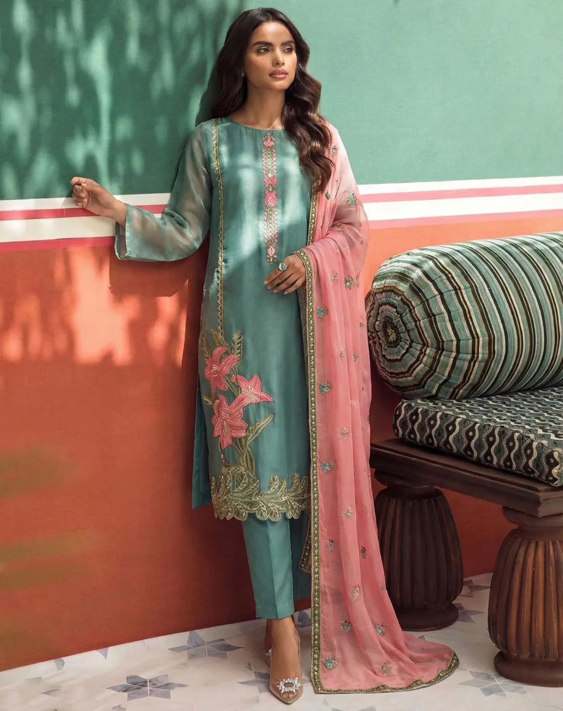 Sea Green Fancy Zari Fabric Embroidered Pakistani Suit
