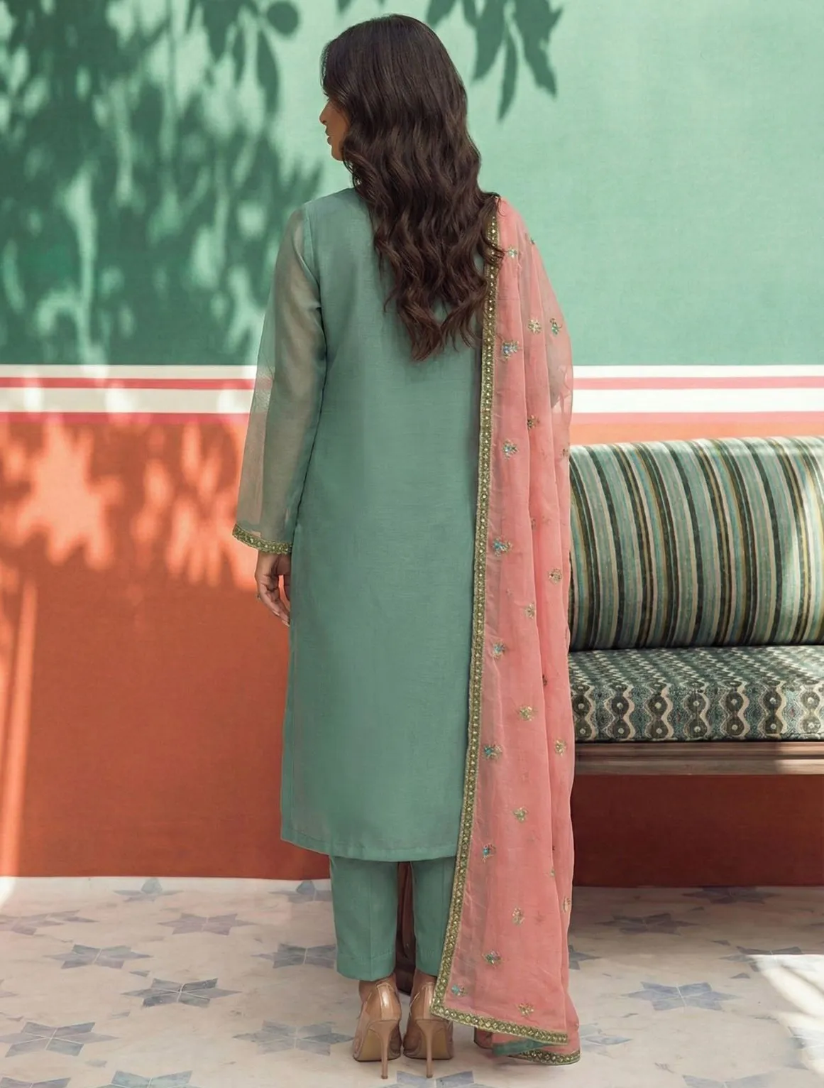 Sea Green Fancy Zari Fabric Embroidered Pakistani Suit - Image 2