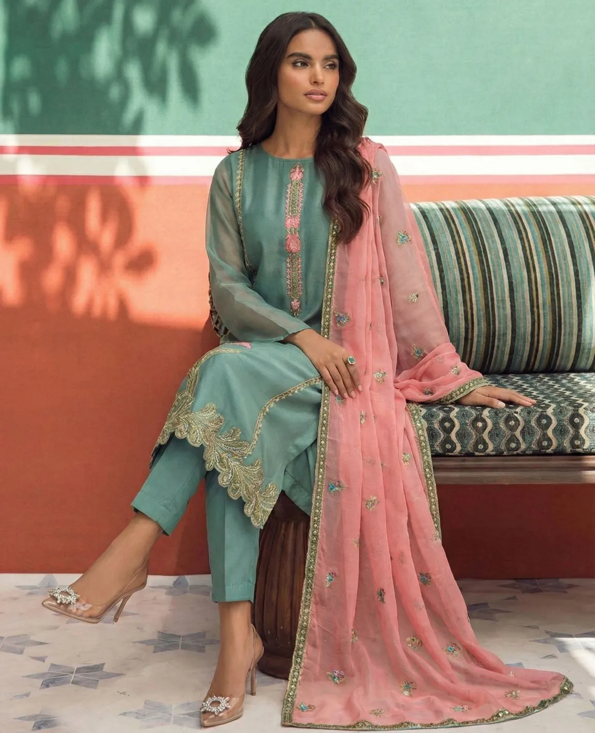 Sea Green Fancy Zari Fabric Embroidered Pakistani Suit - Image 3