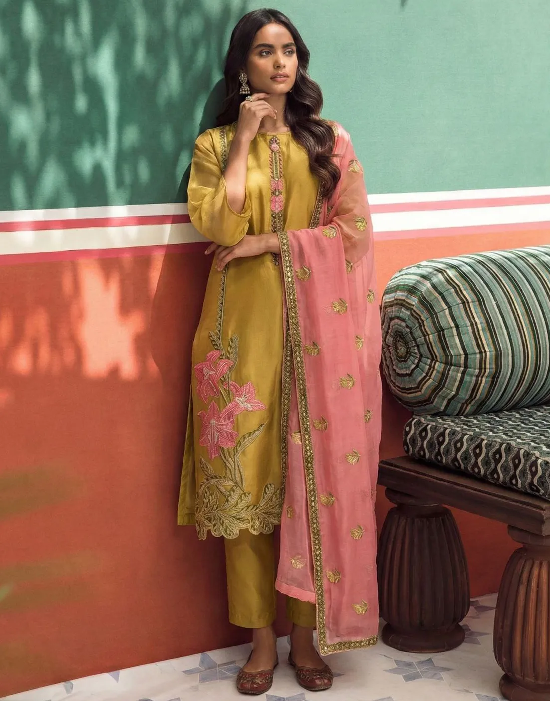 Mustard Fancy Zari Fabric Embroidered Pakistani Suit