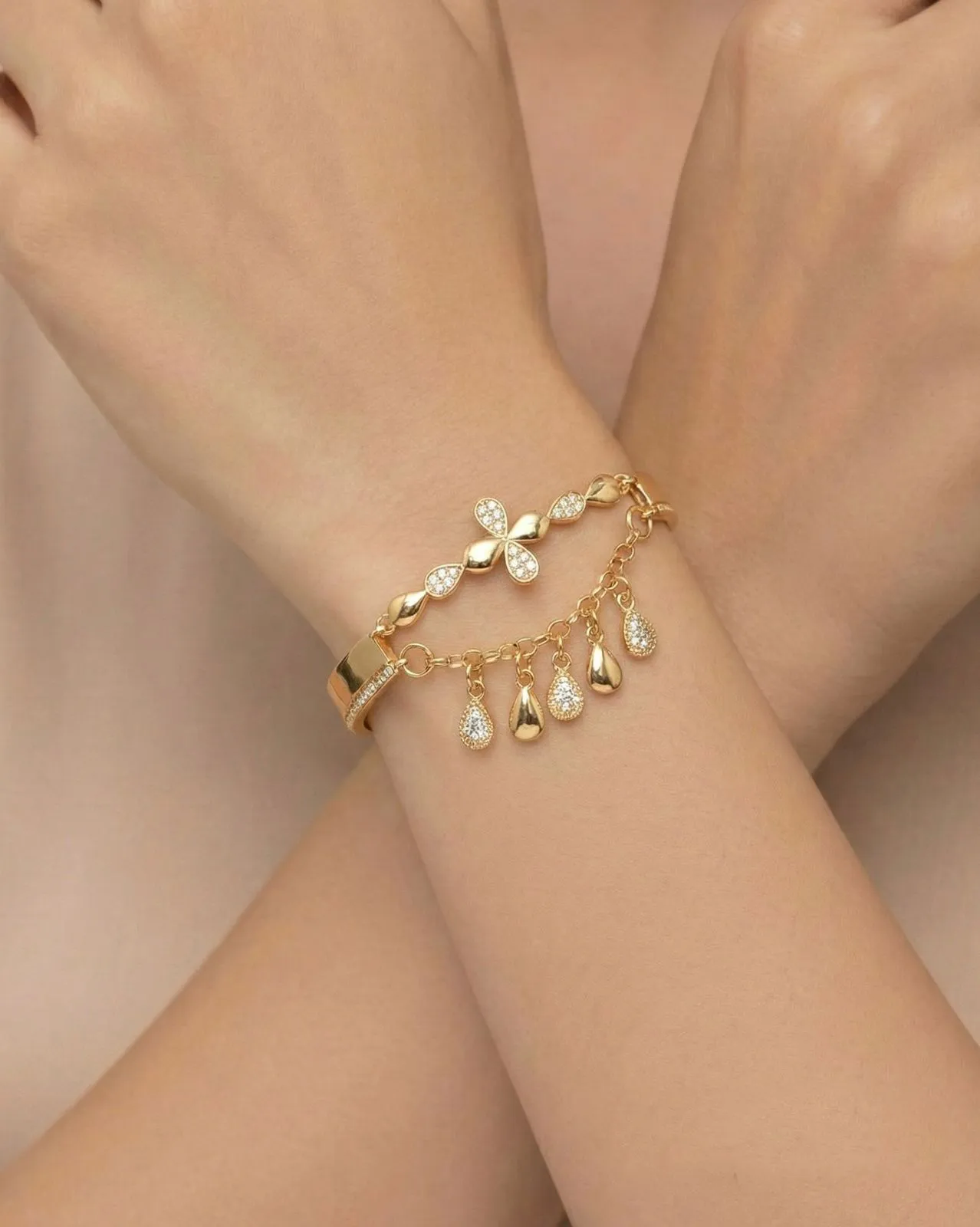 Diamond Droplet Double-Layer Gold Flower Bracelet