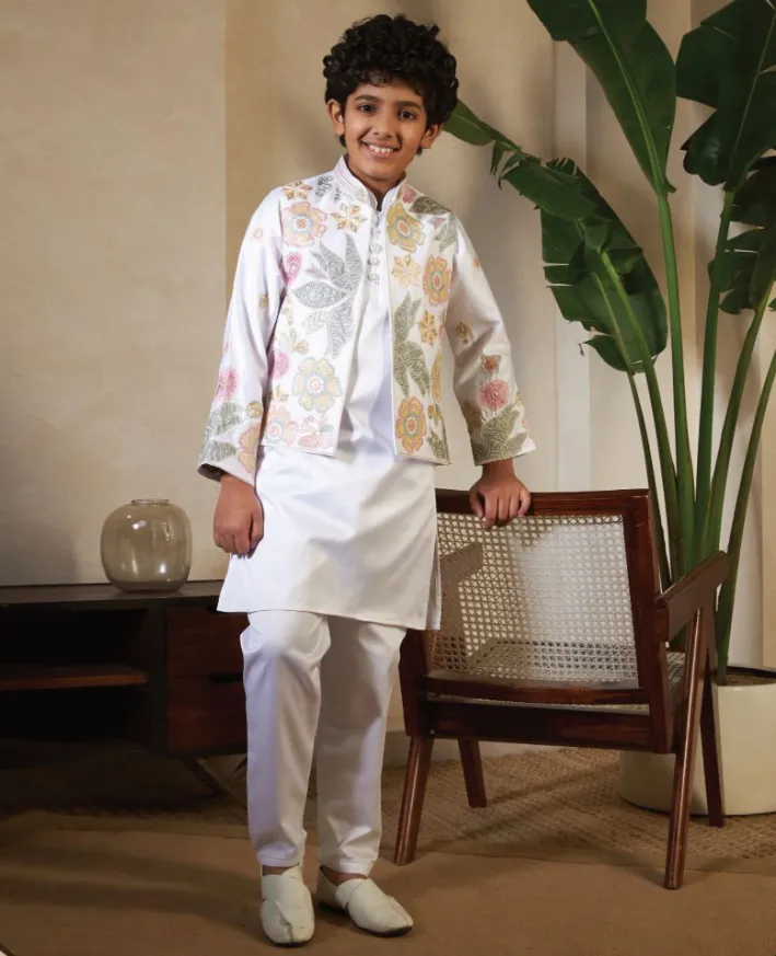 White Satin Silk Sequins Embroidered Koti Kurta Pair for Kids