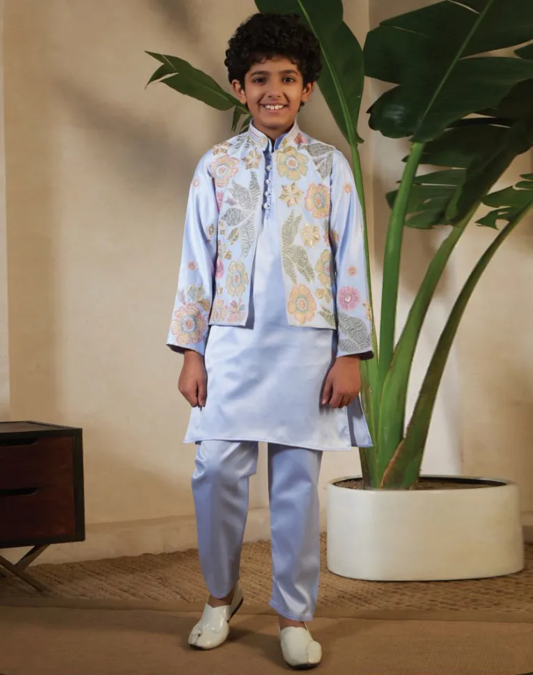 Sky Blue Satin Silk Sequins Embroidered Koti Kurta Pair for Kids