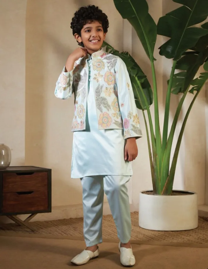Light Blue Satin Silk Sequins Embroidered Koti Kurta Pair for Kids
