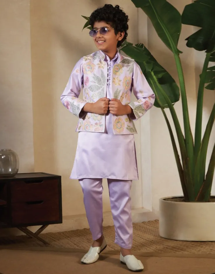 Light Purple Satin Silk Sequins Embroidered Koti Kurta Pair for Kids