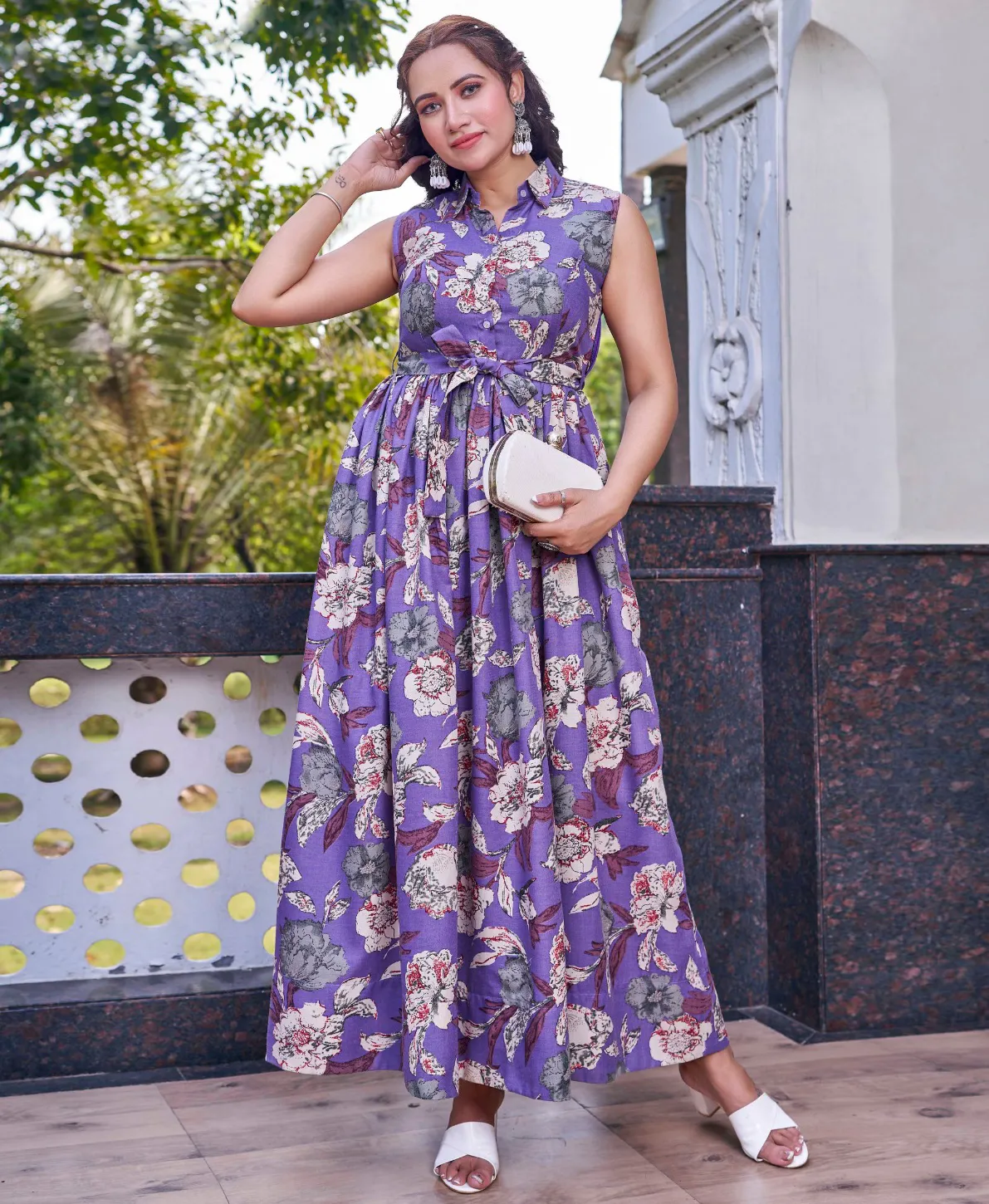 Purple Poly Cotton Floral Printed Party Wear Gown