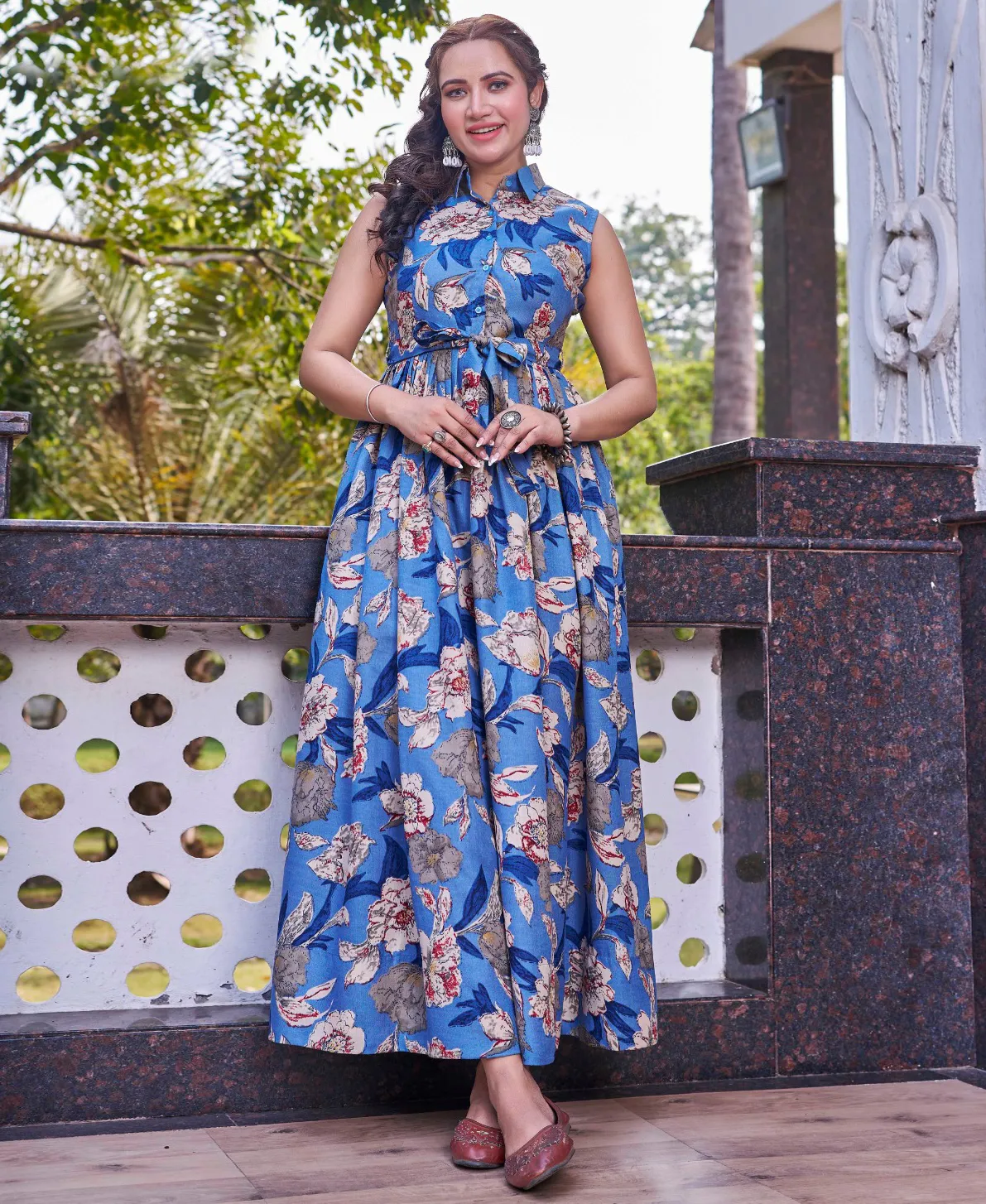 Blue Poly Cotton Floral Printed Party Wear Gown