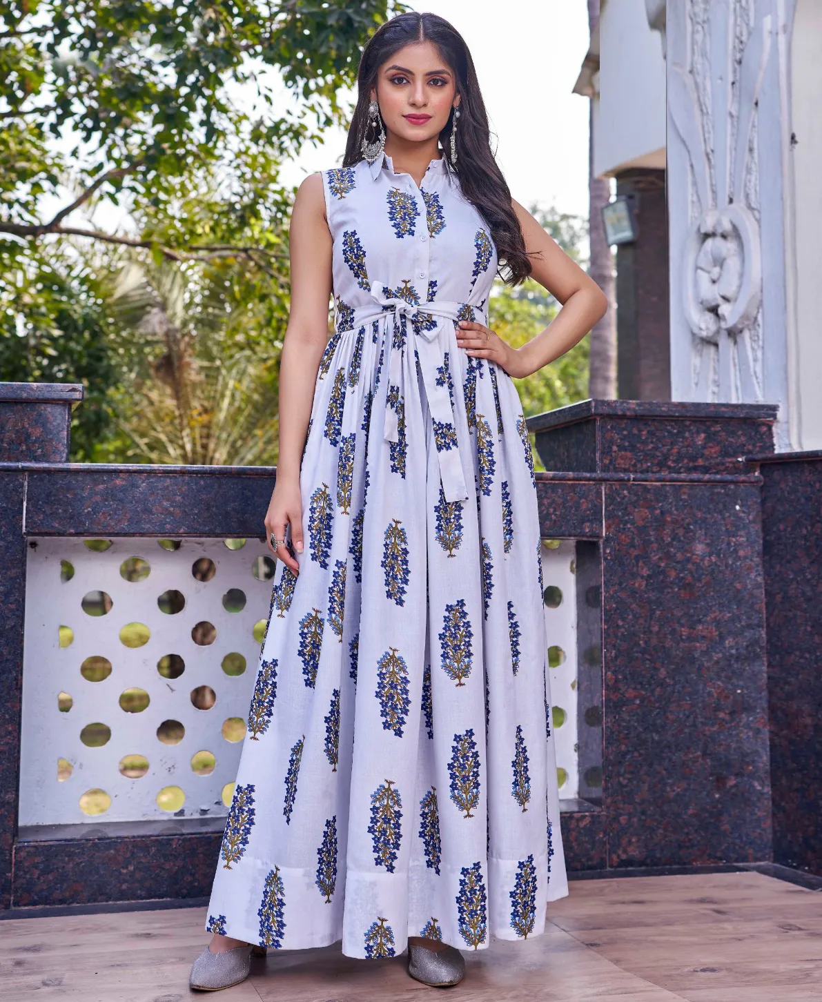 Off White Poly Cotton Floral Printed Party Wear Gown