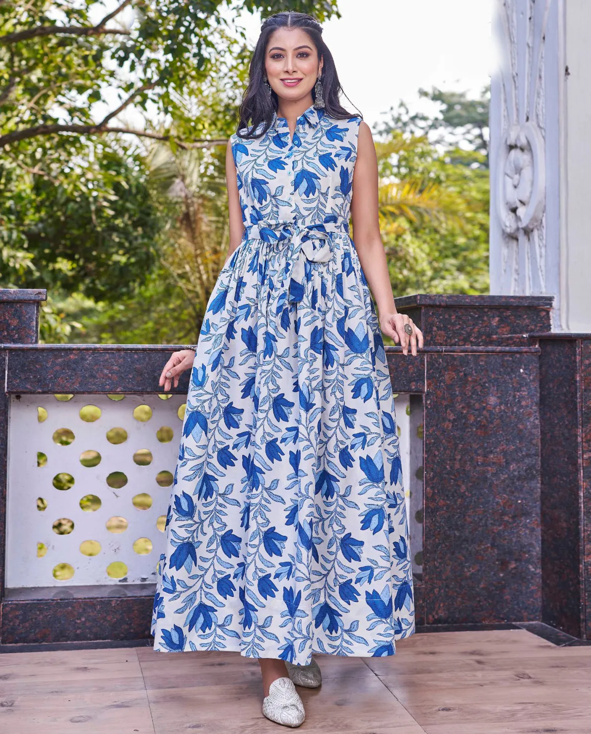 White Poly Cotton Floral Printed Party Wear Gown
