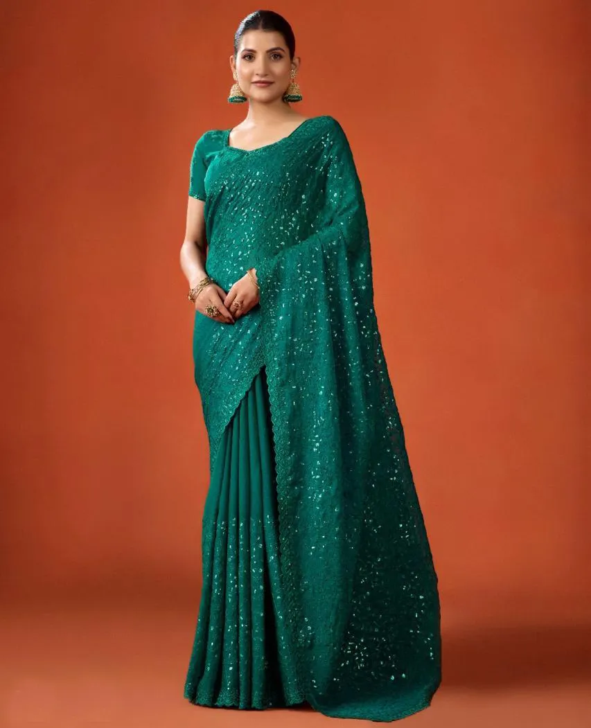Green FB-NC Moss Sequins Embroidered Party Wear Saree