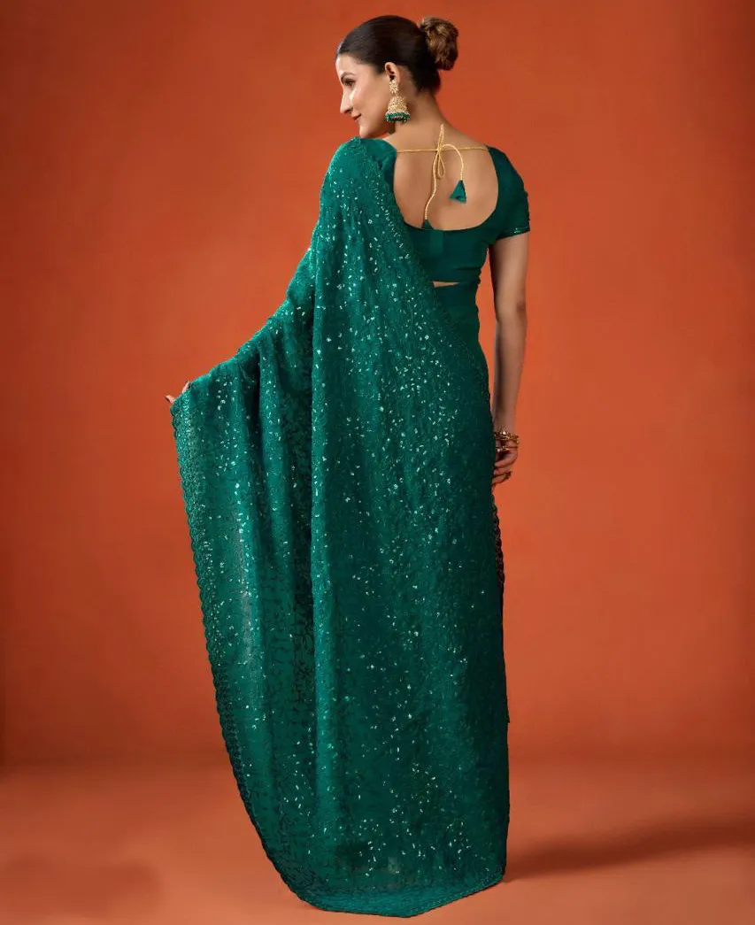 Green FB-NC Moss Sequins Embroidered Party Wear Saree - Image 2