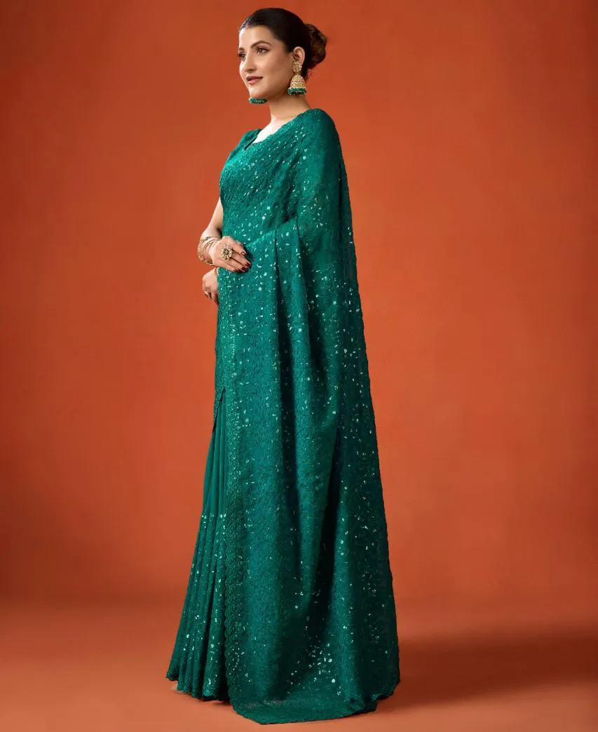 Green FB-NC Moss Sequins Embroidered Party Wear Saree - Image 3