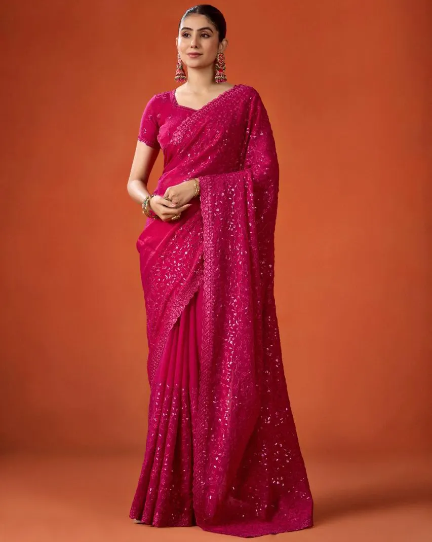 Pink FB-NC Moss Sequins Embroidered Party Wear Saree