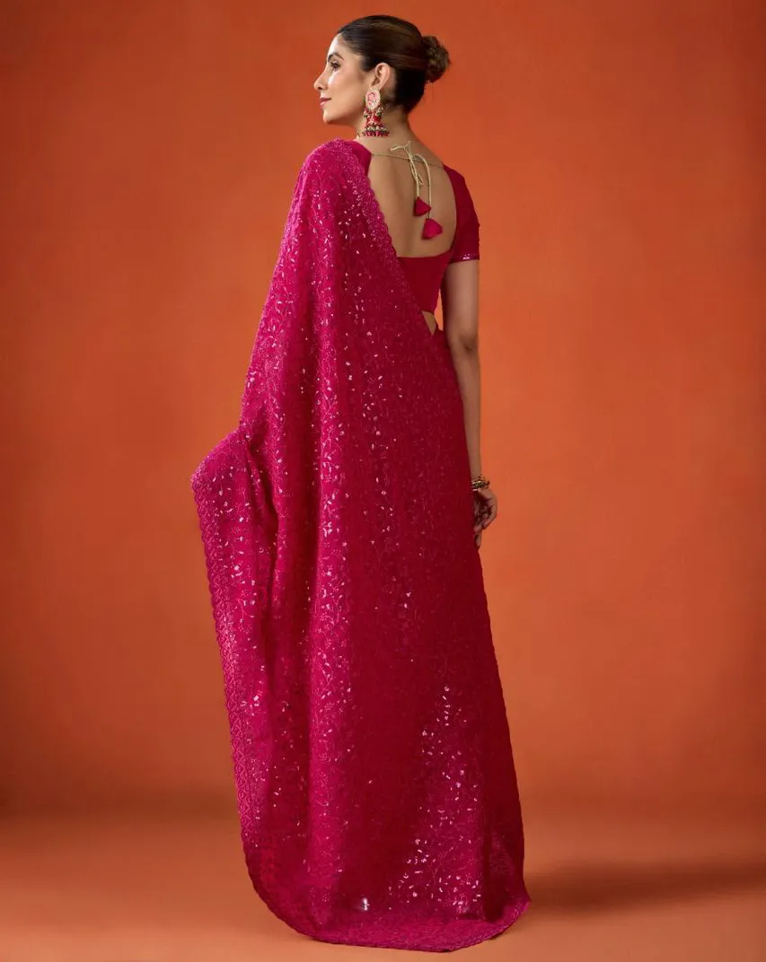 Pink FB-NC Moss Sequins Embroidered Party Wear Saree - Image 2