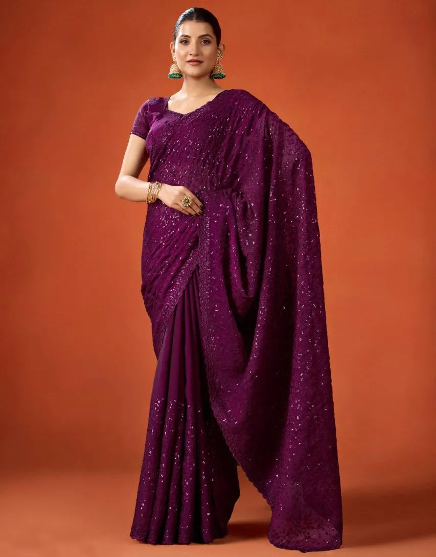 Wine FB-NC Moss Sequins Embroidered Party Wear Saree