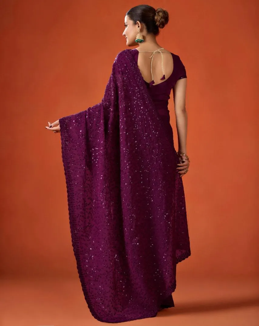 Wine FB-NC Moss Sequins Embroidered Party Wear Saree - Image 2