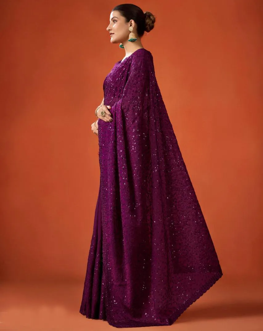 Wine FB-NC Moss Sequins Embroidered Party Wear Saree - Image 3