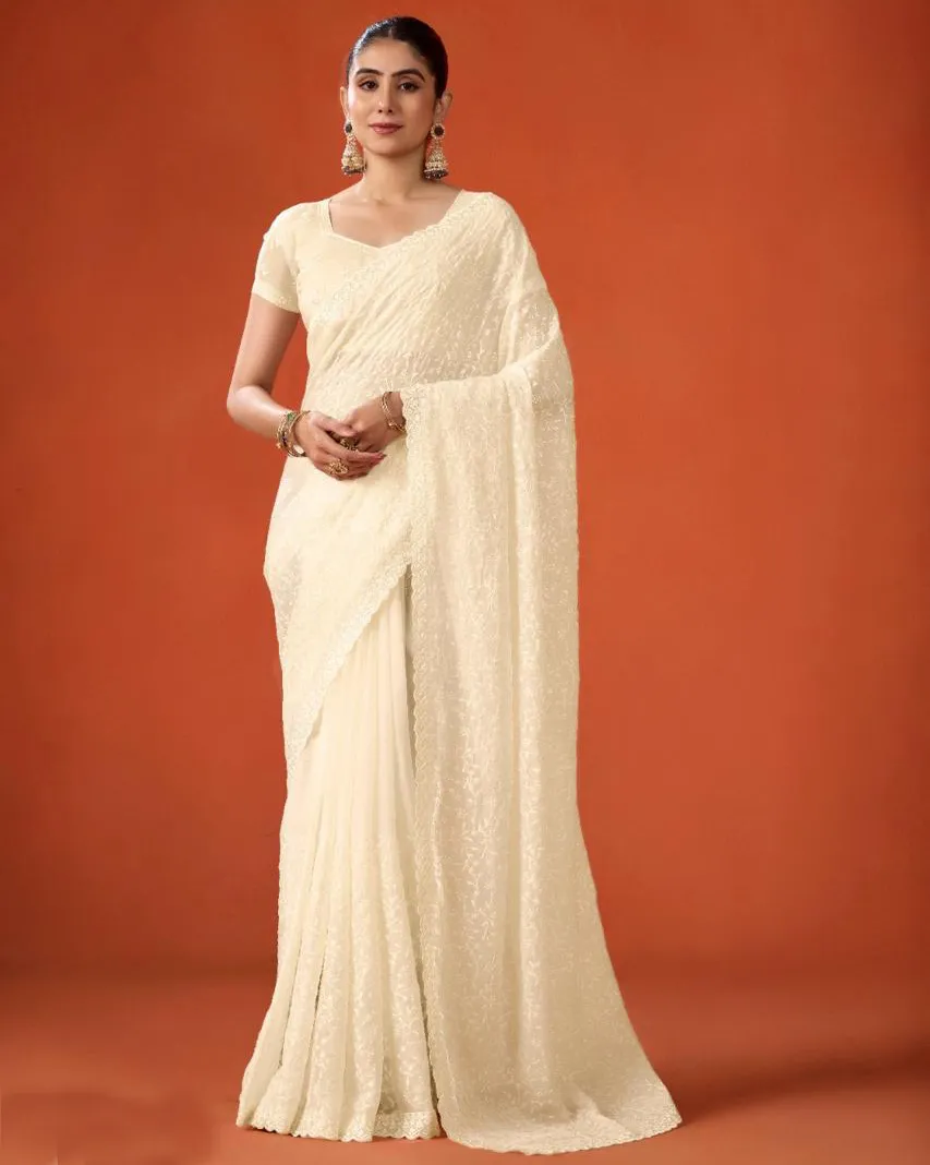 Cream FB-NC Moss Sequins Embroidered Party Wear Saree