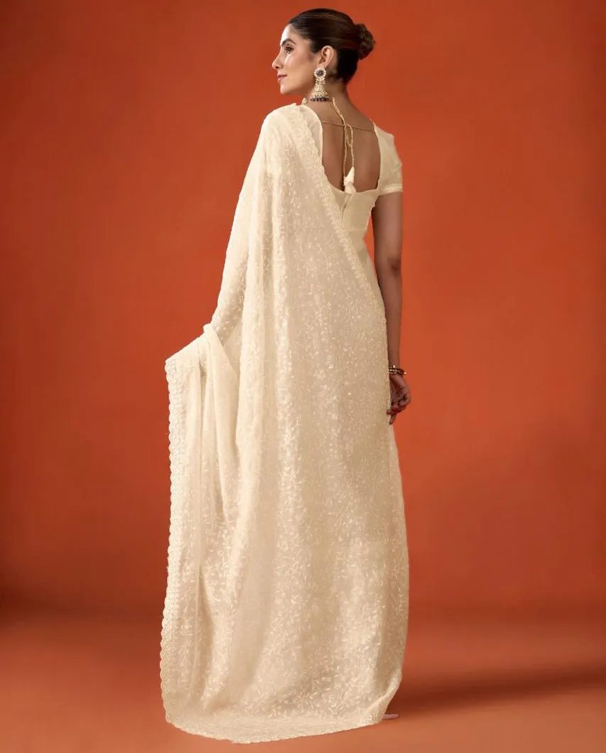 Cream FB-NC Moss Sequins Embroidered Party Wear Saree - Image 2