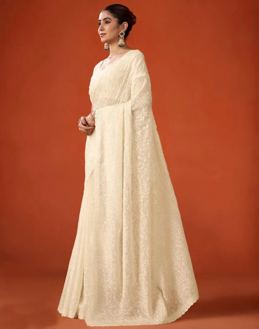 Cream FB-NC Moss Sequins Embroidered Party Wear Saree - Image 3