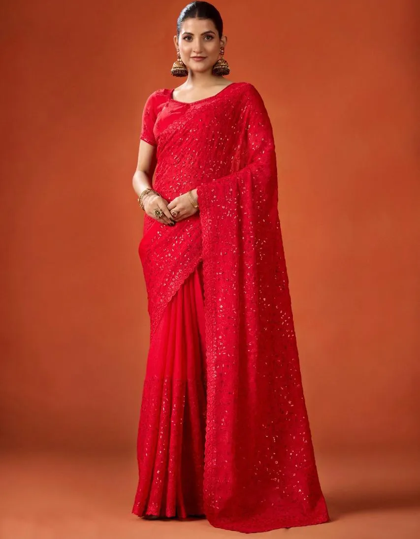 Red FB-NC Moss Sequins Embroidered Party Wear Saree