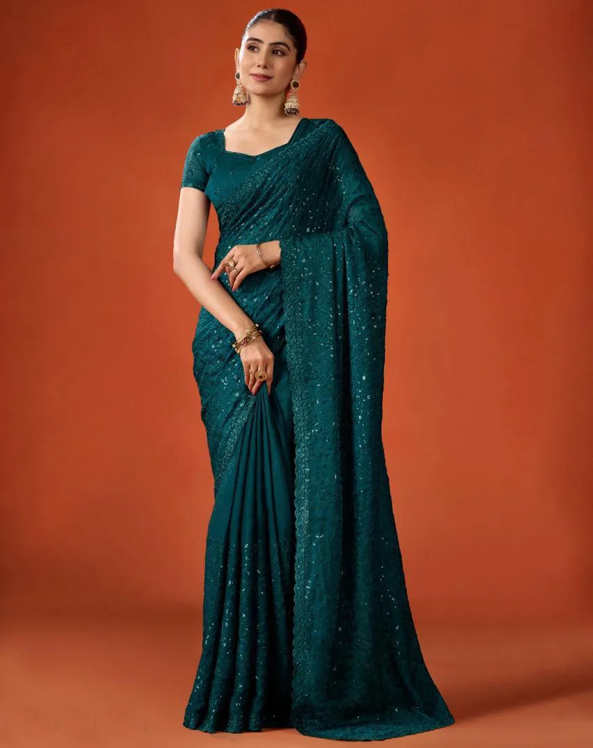 Teal Green FB-NC Moss Sequins Embroidered Party Wear Saree