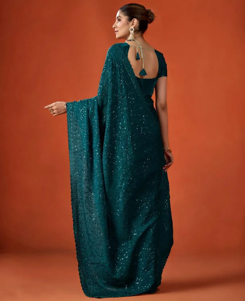 Teal Green FB-NC Moss Sequins Embroidered Party Wear Saree - Image 2