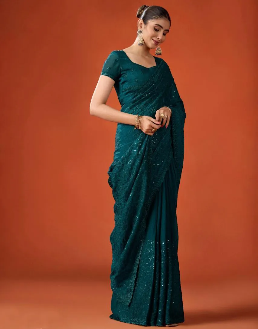Teal Green FB-NC Moss Sequins Embroidered Party Wear Saree - Image 3
