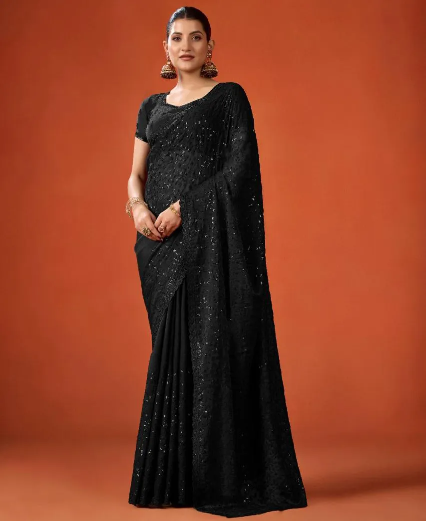 Black FB-NC Moss Sequins Embroidered Party Wear Saree