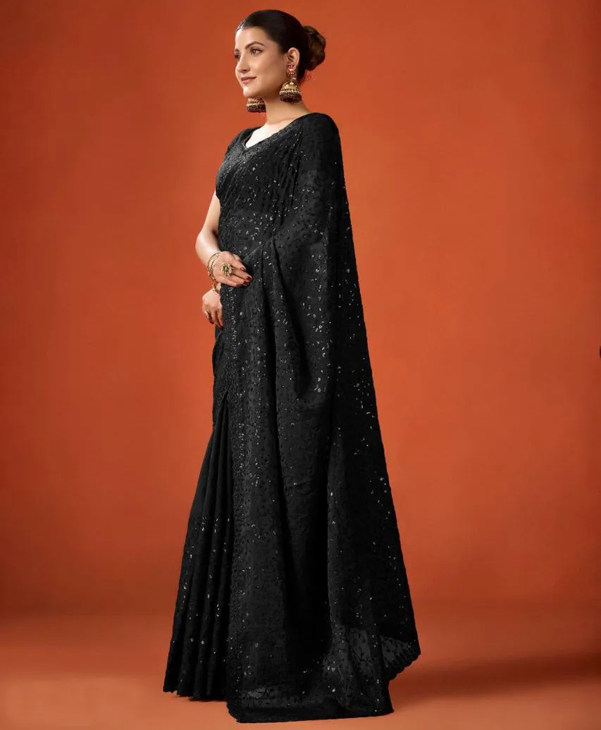 Black FB-NC Moss Sequins Embroidered Party Wear Saree - Image 2